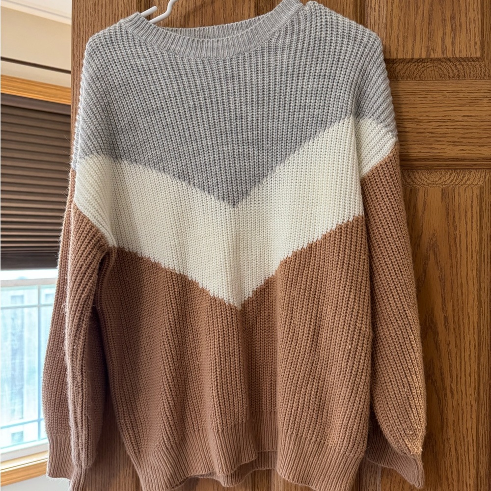 Pink Lily Chevron Knit Sweater - Gray, White, and Brown